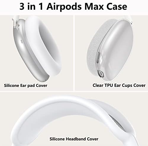 Silicone Case Cover for AirPods Max Headphones, Clear Soft TPU Ear Cups Cover/Ear Pad Case Cover/Headband Cover for AirPods Max (2024/2020),Transparent Accessories for Apple AirPod Max (USB-C), White