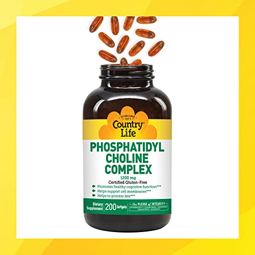 Country Life Phosphatidyl Choline Complex, Promotes Healthy Cognitive Function, 1200mg, 200 Softgels, Certified Gluten Free