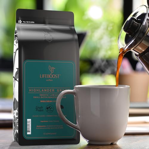 Lifeboost Highlander Grogg Whole Bean Coffee - Low Acid Single Origin USDA Organic Coffee - Non-GMO Highlander Grogg Coffee Beans Third Party Tested For Mycotoxins & Pesticides - 12 Ounces