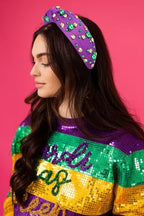 Mardi Gras Hairband for Women Purple Pearl Rhinestone Knotted Headband Carnival Parade Party Hair Accessories