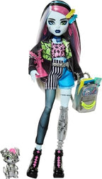 Monster High Frankie Stein Doll in Denim Jacket & Shorts, Includes Pet Dog Watzie & Accessories Like a Backpack, Snack & Notebook