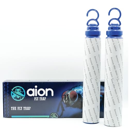 Aion Outdoor Fly Traps with Natural Bait Attractant and Hanging Hooks for Trapping Fruit and Horse Flies, Gnats, and Flying Insects or Bugs, Patio, Camping, and Backyard Disposable Catchers, 2 Pack