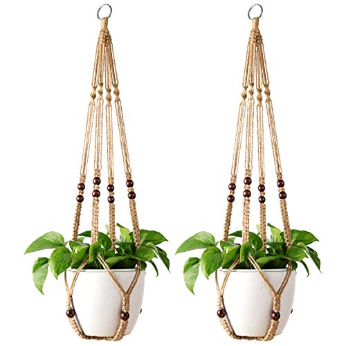 Mkono Macrame Plant Hanger Indoor Jute Hanging Planter Basket with Wood Beads Decorative Flower Pot Holder No Tassels for Boho Home Decor 35 Inch, Brown, Set of 2 (POTS NOT Included)