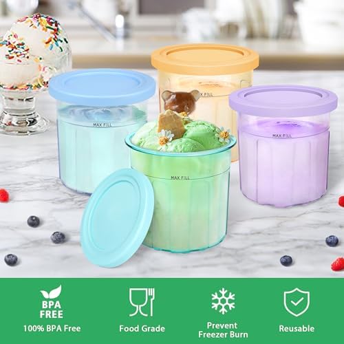 Creami Pints and Lids for Ninja - 4 Pack, Containers Replacement for Ninja Creami, 16oz Creamer Storage Containers Cups Jars Canisters Set Compatible with NC299AMZ & NC300s Series Ice Cream Maker