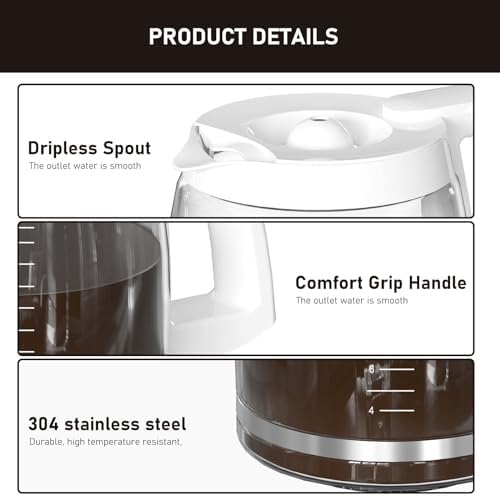 12-Cup Coffee Pot Replacement Compatible with Cuisinart Coffee Maker Models SS-12, SS-15, SS-16, DCC-1100BK, DCC-1200, DCC-2650, CHW-12P1, DGB-400, DGB-550BK, DGB-550BK1, DGB-625BC and DGB-700BC White