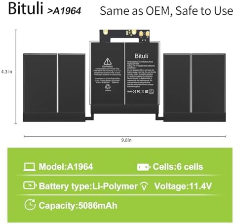 A1964 A1989 A2251 Laptop Battery Replacement for MacBook Pro 13 Inch A1989 (Mid 2018, 2019) & A2251 (2020), EMC 3214 3358 3348