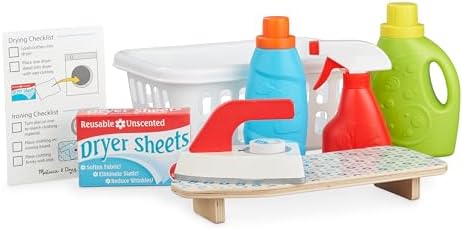 Melissa & Doug Laundry Basket Play Set With Wooden Iron, Ironing Board, and Accessories (14 Pcs) Pretend Play Laundry Set For Kids With Iron