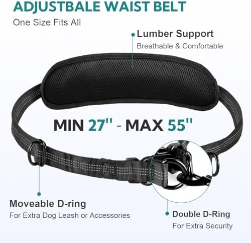 Hands Free Dog Leash with Pouch, Retractable Bungee with Double Padded Handles, Dog Waist Leash for Dog Walking, Dog Leashes with Bungee for Medium & Large Dog, Dog Walking Accessories