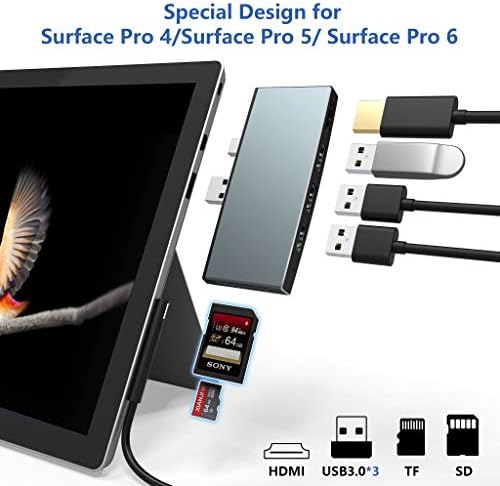 Surface Pro 6/ Pro 5/ Pro 4 Docking Station USB Hub, Surface Pro Docking Station with 4K HDMI, 3X USB3.0 Ports, SD/TF Card Reader, Accessories for Microsoft Surface Pro 4/5/6