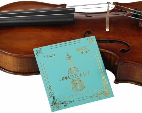Violin Strings Full Set, Violin Strings Replacement, Carbon Steel Core, Medium Tension,Long-Lasting Durability & Rich Tone - For All Levels (4/4 Gold E) Fiddle String