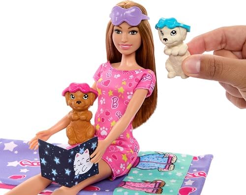 Barbie Doll & Playset with 2 Toy Dog Figures & 10+ Accessories, Puppy Slumber Party with Color-Change Feature, Sleeping Bag, Eye Masks & More