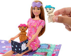 Barbie Doll & Playset with 2 Toy Dog Figures & 10+ Accessories, Puppy Slumber Party with Color-Change Feature, Sleeping Bag, Eye Masks & More