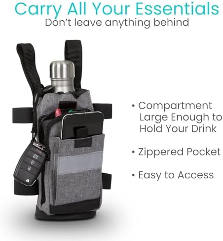 Vive Crutch Accessories Bag - Pouch for Crutches - Accessory Storage Carry Kit for Women, Men, Adults, Kids - Cup and Bottle Pocket Holder with Ergonomic Design (Gray)