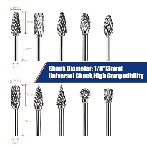 10Pcs Carbide Burr Bits Set Compatible with Dremel 1/8", Rotary Tool Bits with Double-Cut Design, Die Grinder Bits Accessories for Metal Aluminum Wood Stone Steel Plastic Carving Cutting Grinding