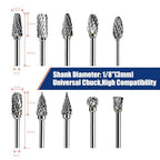 10Pcs Carbide Burr Bits Set Compatible with Dremel 1/8", Rotary Tool Bits with Double-Cut Design, Die Grinder Bits Accessories for Metal Aluminum Wood Stone Steel Plastic Carving Cutting Grinding