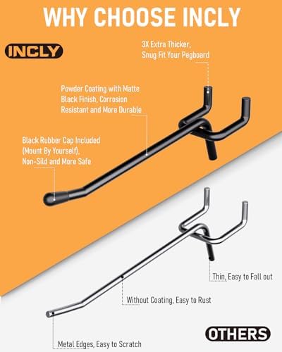 INCLY 60 Pack 4 Inch Black Pegboard Hooks, 1/4" Heavy Duty Peg Board Shelving Hooks Accessories, Peg Board Tool Hangers Only Fit 1/4" Pegboard Hanging Tools Garage, Craft Organizing, Kitchen, Store