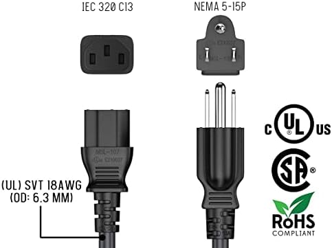 UL Listed 12FT Computer Power Cord, NEMA 5-15P to C13, 10A 125V, 18AWG, Black Replacement AC Power Cord, Printer Power Cord, PC Power Supply Cable, Monitor Power Cable