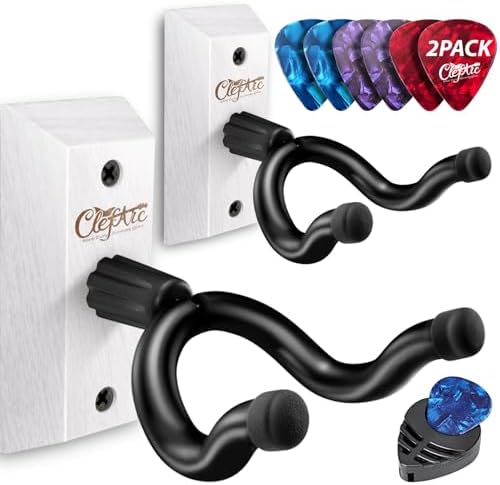 2 Pack Guitar Wall Mount, White Hardwood Guitar Wall Hangers, Guitar Picks, Pick Holder, Guitar Accessories, U-Shape Hardwood Guitar Hanger, Gifts for Guitarists, with 6 Assorted Guitar Picks