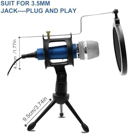 Blue Condenser Recording Microphone 3.5mm Plug and Play PC Microphone, Broadcast Microphone for Computer Desktop Laptop MAC Windows Online Chatting Podcast Skype YouTube Game（Blue