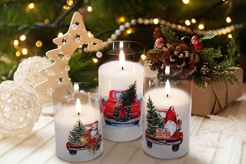 Eywamage Red Truck Glass Christmas Flameless Candles with Remote, Flickering Battery Operated LED Pillar Candles Set of 3