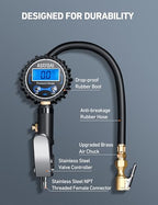 AstroAI Digital Tire Pressure Gauge with Inflator(3-250 PSI 0.1 for Display Resolution), Heavy Duty Air Chuck and Compressor Accessories with Rubber Hose and Quick Connect Coupler, Blue