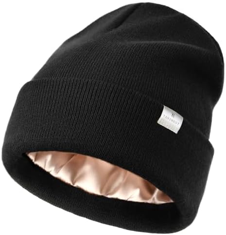YANIBEST Womens Satin Lined Knit Beanie Hat Acrylic Winter Hats for Women Men Silk Lining Soft Slouchy Warm Cuffed Beanie Hat
