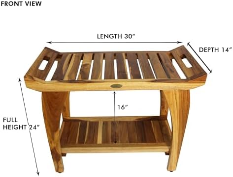 EcoDecors Tranquility 30 Inch Teak Wood Shower Bench with Shelf and LiftAide Arms in EarthyTeak Finish, Extended Height 24", Provides Safety, Storage, and Organization for Bathroom Accessories