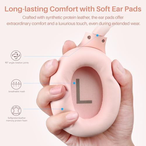 TOZO HT2 Hybrid Active Noise Cancelling Headphones, Wireless Over Ear Bluetooth Headphones Pink +HT2 Replacement Ear Pads White