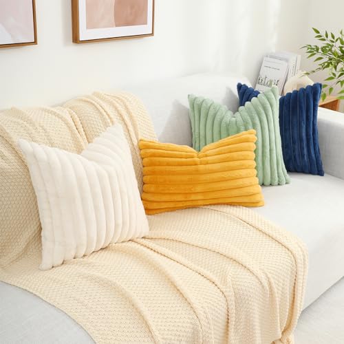 decorUhome Christmas Faux Fur Throw Pillow Covers 20x20 Set of 2, Decorative Soft Plush Striped Couch Pillow Covers with Velvet Back for Sofa, Bed, Living Room, Cream White