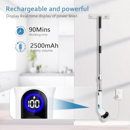 TUYU Electric Spin Scrubber, Full-Body IPX7 Waterproof Bathroom Scrubbe with Power LCD Display,8 Replacement Head for Adjustable Extension Handle Electric Cleaning Brush for Bathroom, Tub, Tile
