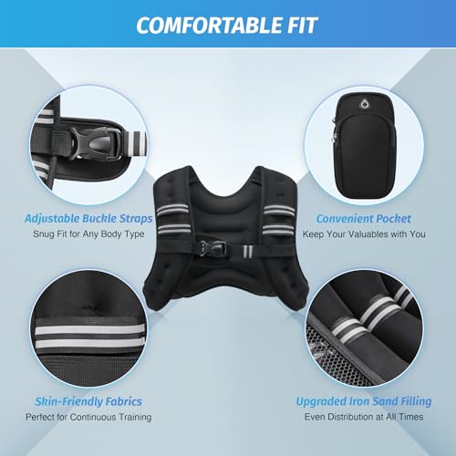 ZELUS Weighted Vest, 6lb/8lb/12lb/16lb/20lb/25lb/30lb Weight Vest with Reflective Stripe for Workout, Strength Training, Running, Fitness, Muscle Building, Weight Loss, Weightlifting (20 lb, Black)