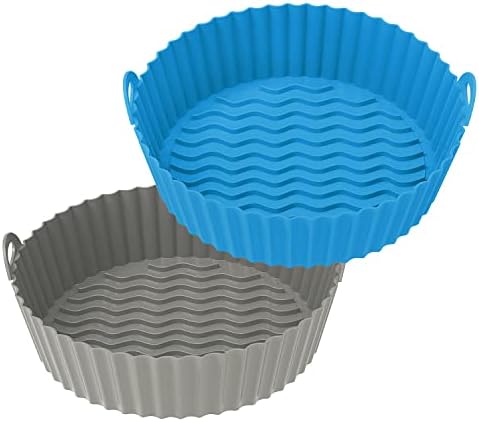 OUTXE Silicone Air Fryer Liners, 2-Pack Reusable Airfryer Basket Tray Accessories Round Compatible With Ninja Cosori Gourmia 5.8/6/7/8/9 qt (Blue+Gray)