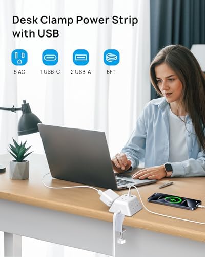 Desk Clamp Power Strip, Surge Protector with 5 AC Outlets and 3 USB Ports, Desk Mount Charging Station, Fit 1.97in Tabletop Edge Thick, 6FT Extension Cord, for Home Office Gaming Accessories