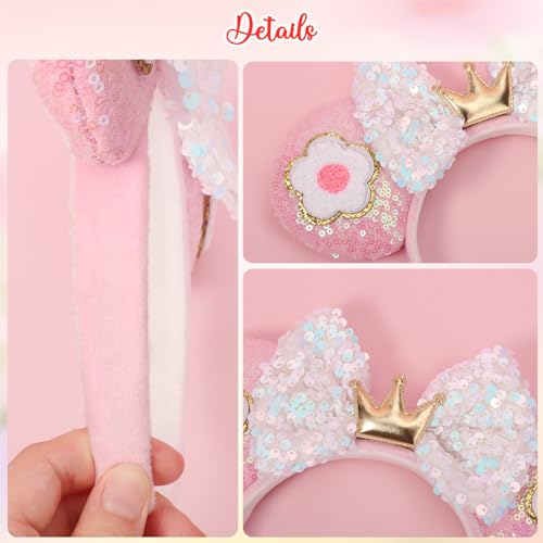 Flower Pink Sequin Mouse Ears Headband, 4" Park Ears, Handmade &, One Size Fits All, Great for Women Girls Birthday Parties, Hair Accessories, Cosplay