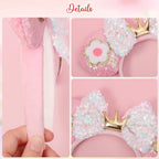 Flower Pink Sequin Mouse Ears Headband, 4" Park Ears, Handmade &, One Size Fits All, Great for Women Girls Birthday Parties, Hair Accessories, Cosplay