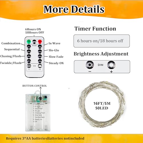 2-Pack 50 LED Fairy Lights Battery Operated with Remote Control Timer, 16 FT 50 LED Battery Lights Outdoor Indoor, 8 Mode Twinkle String Lights for Classroom Party Bedroom Christmas Décor (Warm White)
