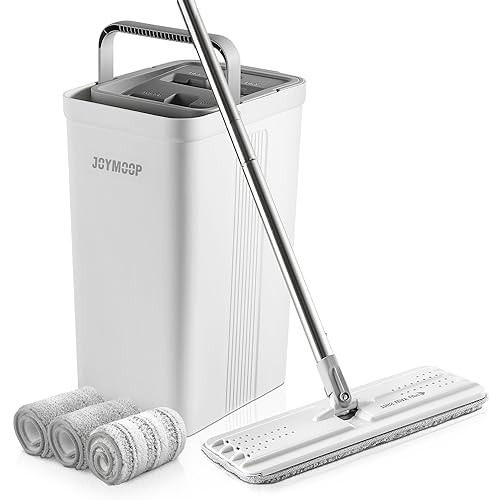 JOYMOOP Mop and Bucket with Wringer Set for Home, Hands Free White Flat Squeeze Mop Bucket Set for Floor Cleaning and Wall Cleaner with Long Handle, with 3 Reusable Microfiber Pads
