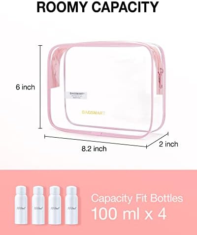 BAGSMART Clear Toiletry Bag, 2 Pack TSA Approved Carry on Travel Accessories Bag Airport Airline Quart Size Bags Water Repellent Makeup Cosmetic Bag for Women (Pink-2pcs)