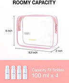 BAGSMART Clear Toiletry Bag, 2 Pack TSA Approved Carry on Travel Accessories Bag Airport Airline Quart Size Bags Water Repellent Makeup Cosmetic Bag for Women (Pink-2pcs)