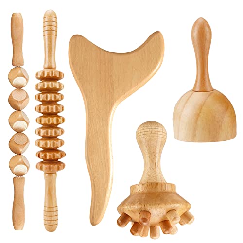 YMM 5-in-1 Wood Therapy Massage Tools for Body Shaping, Professional Lymphatic Drainage Massager, Maderoterapia Kit, Anti Cellulite Massage Roller Body Sculpting Tools Set (Deluxe)