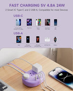 Purple Extension Cord - 10 FT Flat Extension Cord, 1625W Cute Extension Cord with 3 AC Outlet 4 USB (24W/4.8A), Compact for Cute Purple Kawaii Lavender Desk Accessories