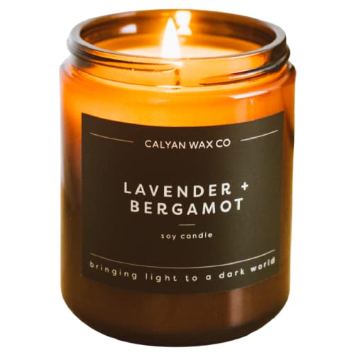 Calyan Wax Soy Wax Candle, Lavender & Bergamot Scented Candle for The Home | Premium Soy Candle with Essential Oils | Soy Candle in Amber Glass Jar | Aromatherapy Gift