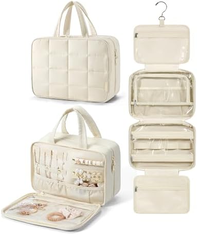 BAGSMART Travel Toiletry Bag with Jewelry Organizer, Hanging Travel Bag for Toiletries, Puffy Makeup Cosmetic Bag Organizer, Carry-on Travel Accessories Essentials, Beige-L