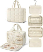 BAGSMART Travel Toiletry Bag with Jewelry Organizer, Hanging Travel Bag for Toiletries, Puffy Makeup Cosmetic Bag Organizer, Carry-on Travel Accessories Essentials, Beige-L