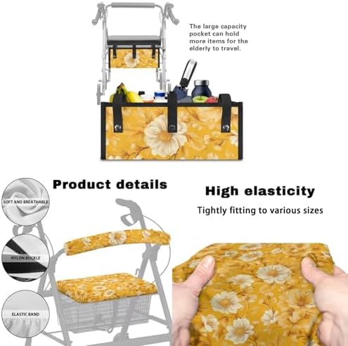 LedBack Cushion Walkers Accessories Sets Yellow Flowers Walker Seat Backrest Covers Replacement Storage Bag for Rollator Seat & Roller Bar Covers, Easy to Clean