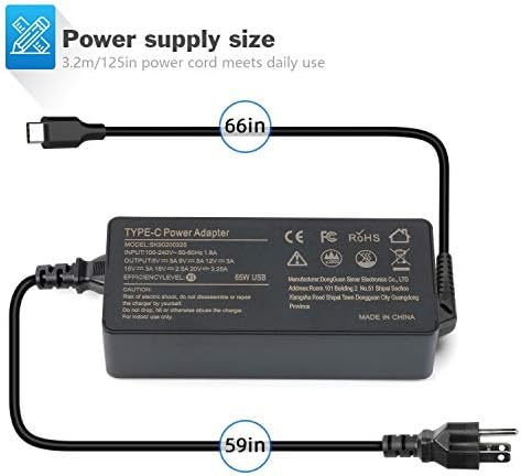Laptop Charger 65W watt USB Type C AC Adapter Replacement for Hp Chromebook 14 13 X360 Spectre x360 Elite x2 EliteBook; Lenovo Yoga,Dell, ASUS,Acer Type C Power Supply Adapter with Cord