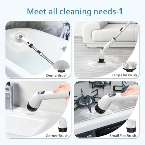 TUYU Electric Spin Scrubber, Full-Body IPX7 Waterproof Bathroom Scrubbe with Power LCD Display,8 Replacement Head for Adjustable Extension Handle Electric Cleaning Brush for Bathroom, Tub, Tile