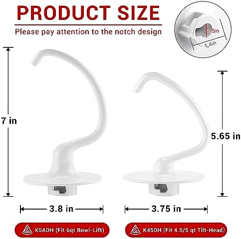 K5ADH Dough Hook for KitchenAid 6 Quart Bowl-Lift Stand Mixer, Dough Hook Replacement for KitchenAid Professional 600 Series Mixers, White