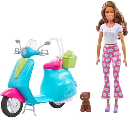 Barbie Fashionistas Doll & Scooter, Travel Playset with Stickers, Pet Puppy & Themed Accessories Like Map & Camera (Amazon Exclusive)