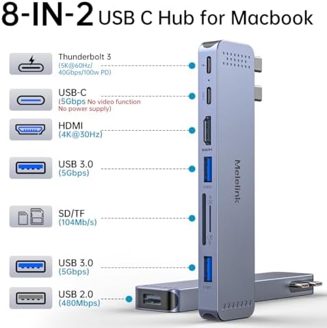 USB C Hub Adapter for MacBook, Mac Adapter Multiport 8 in 2 USB-C Hub with HDMI 4K, Thunderbolt 3 Port, USB C&A Data Ports, USB-C to SD/TF Card Slot, Accessories for MacBook Pro Air M3 M2 M1 2024-2018
